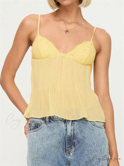 Pleated Bowknot Lace Sheer Crop Top YELLOW / S croptop-250126