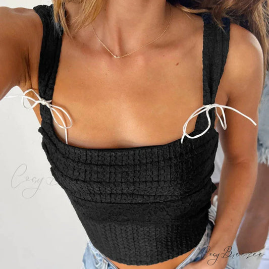 Pleated Bowknot Square Crop Top black / S croptop-250223