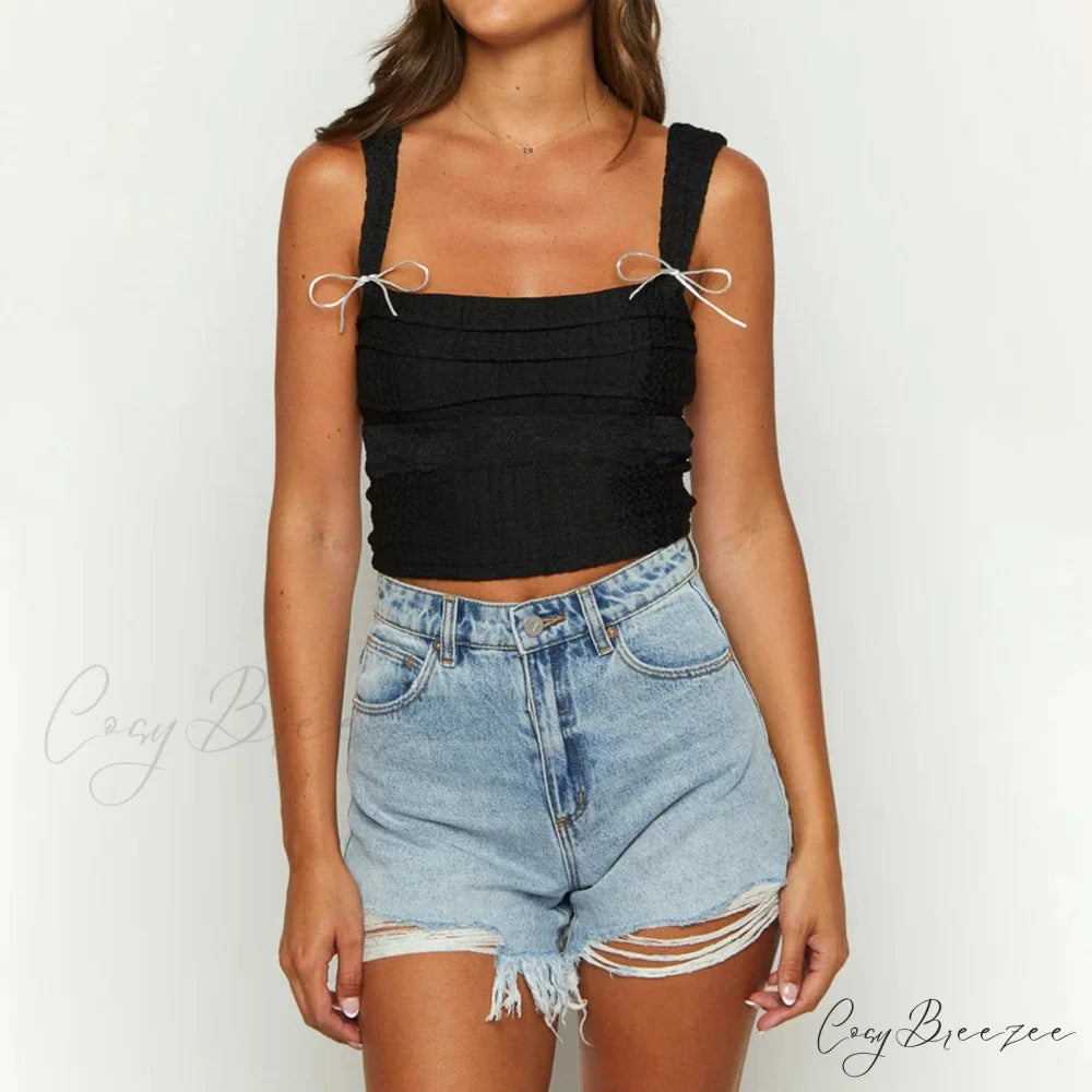Pleated Bowknot Square Crop Top croptop-250223