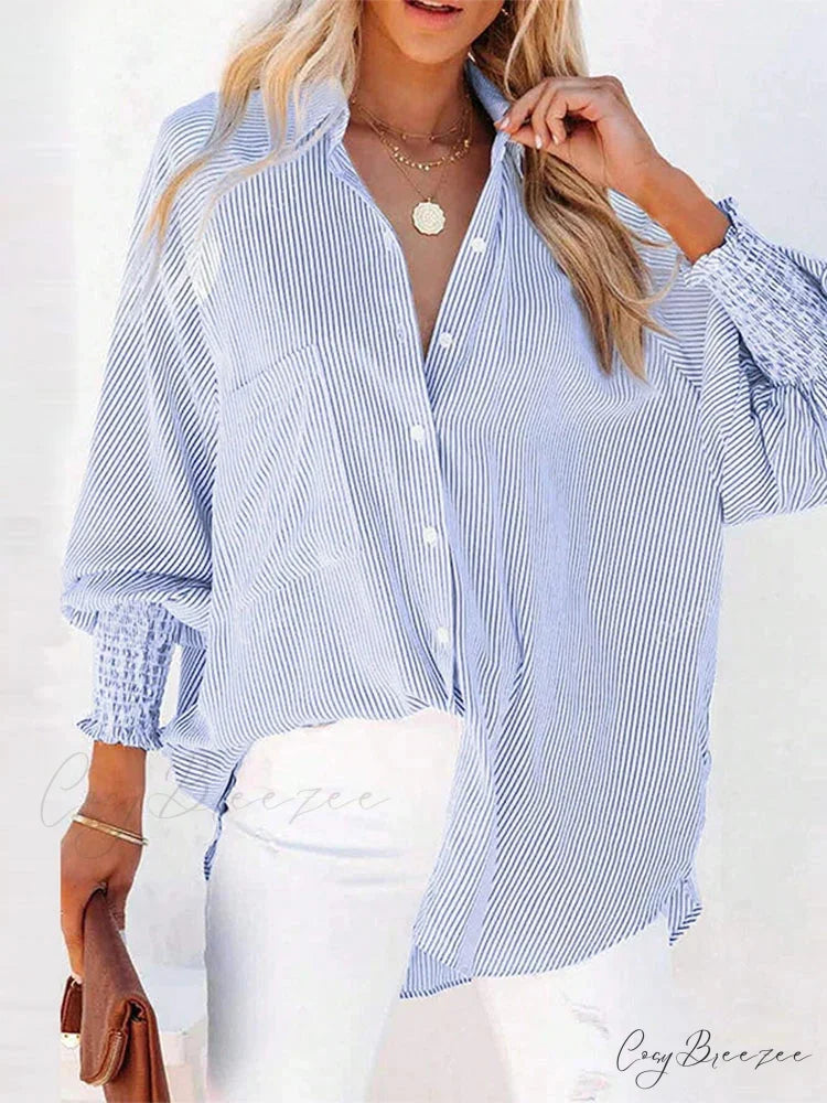 Pleated Collar Puffy Sleeve Stylish Blouse Blue / S blouse-250126
