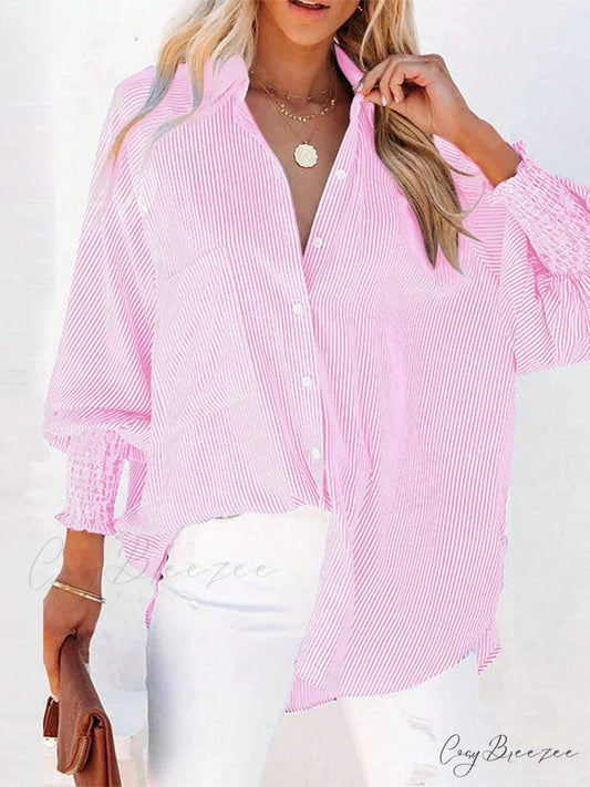Pleated Collar Puffy Sleeve Stylish Blouse Pink / S blouse-250126