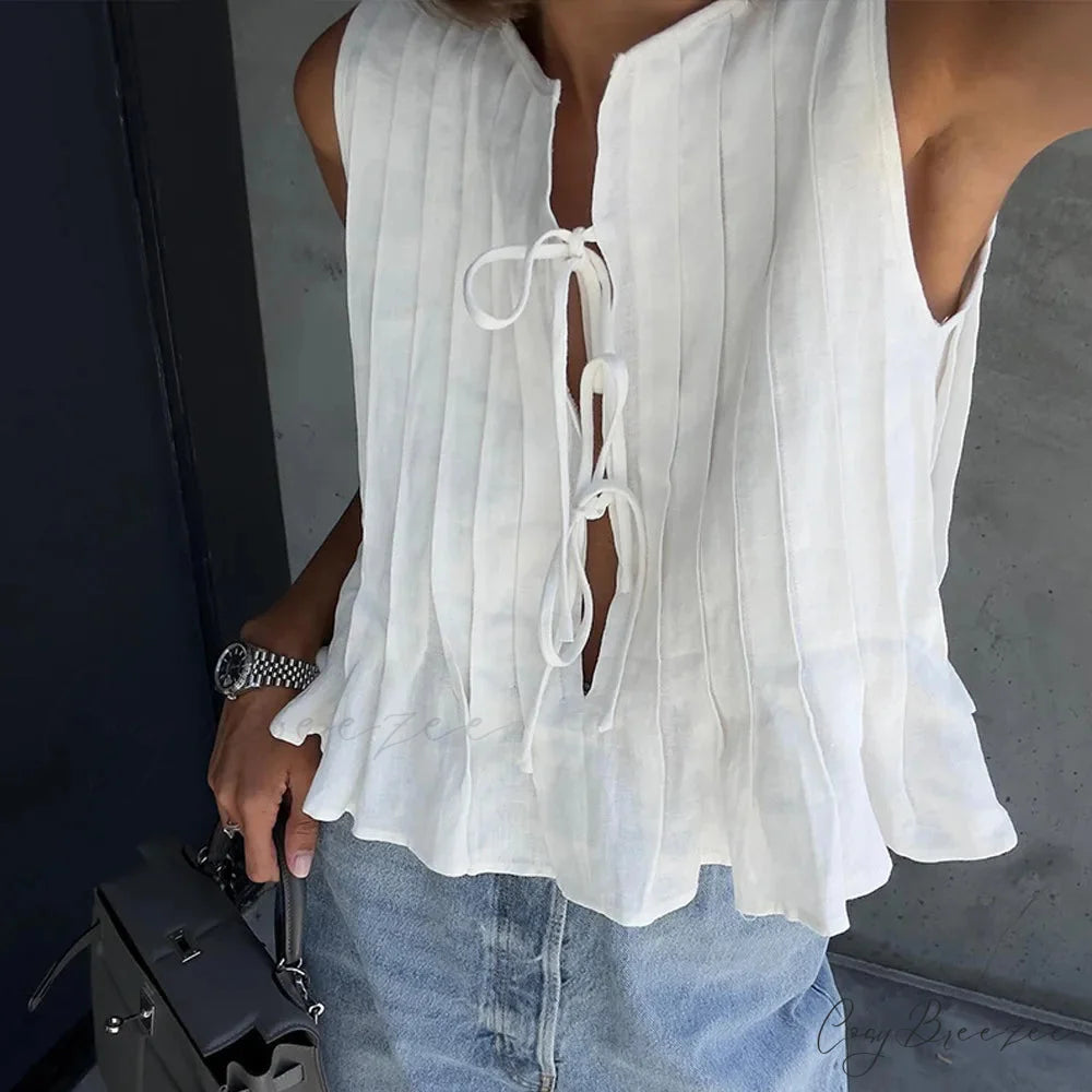 Pleated Cut-Out Frill Crop Top croptop-250223