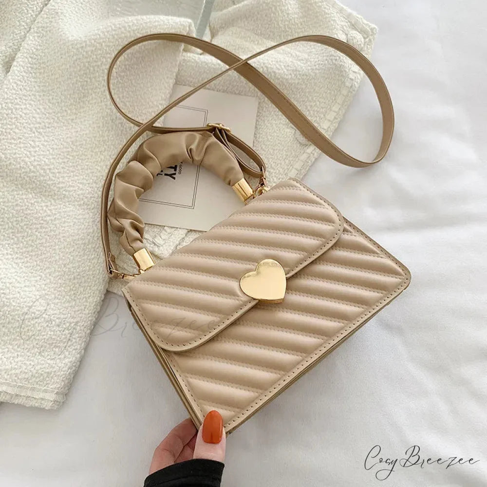 Pleated Fashion Texture Square Messenger Handbag Khaki color handbag-250126