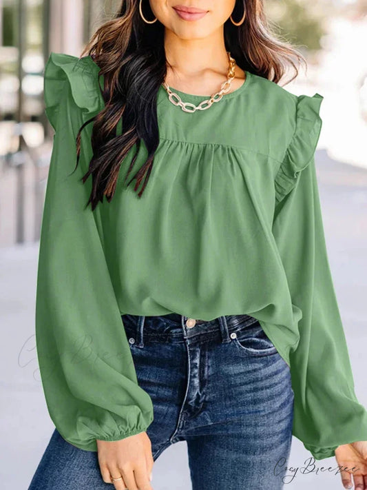 Pleated Front Puffy Sleeve Chic Blouse Green / S blouse-250126