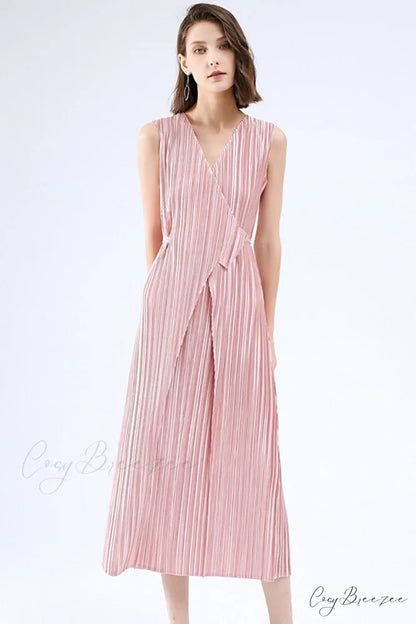 Pleated Glossy Tie-Strap Dress Pink / One Size