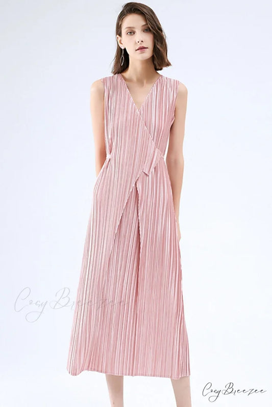 Pleated Glossy Tie-Strap Dress Pink / One Size