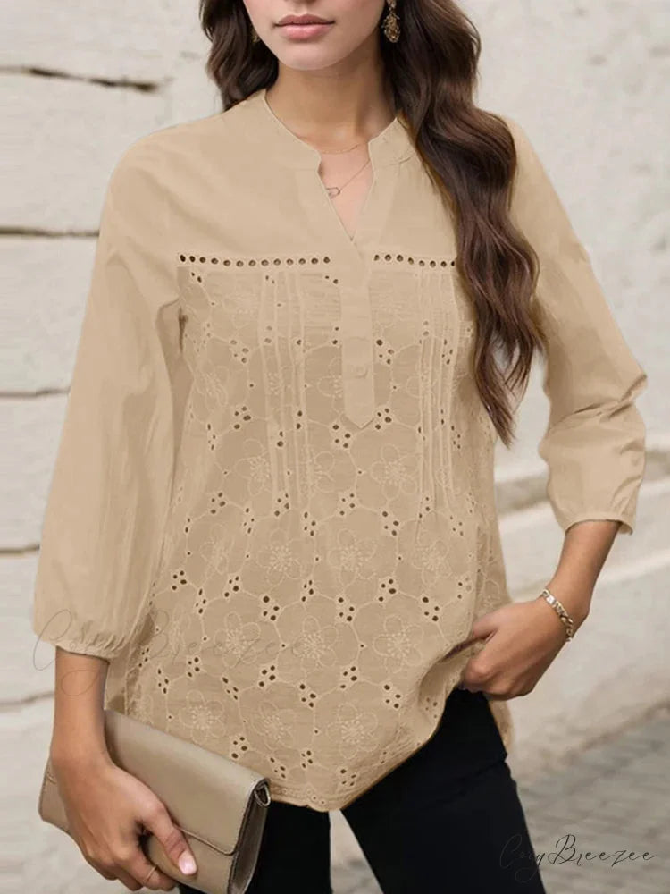 Pleated Lace Insert V-neck Three-quarter Sleeve Blouse Khaki / S blouse-250126