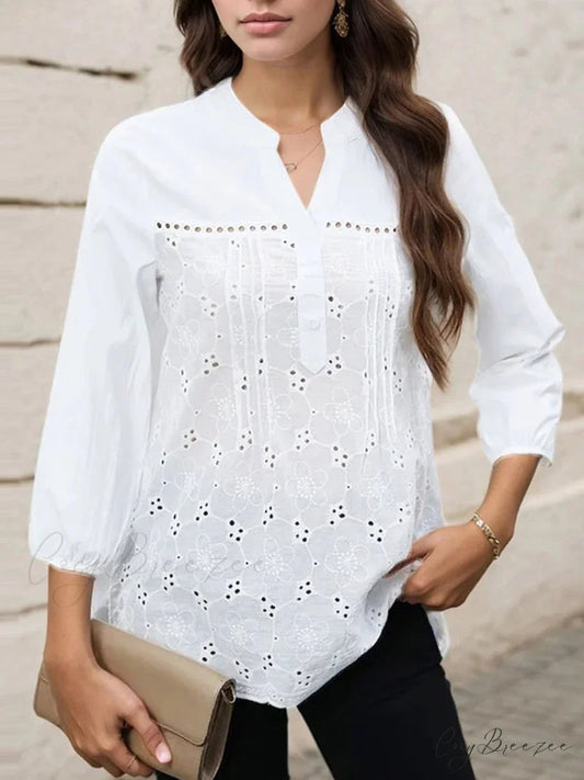 Pleated Lace Insert V-neck Three-quarter Sleeve Blouse WHITE / S blouse-250126