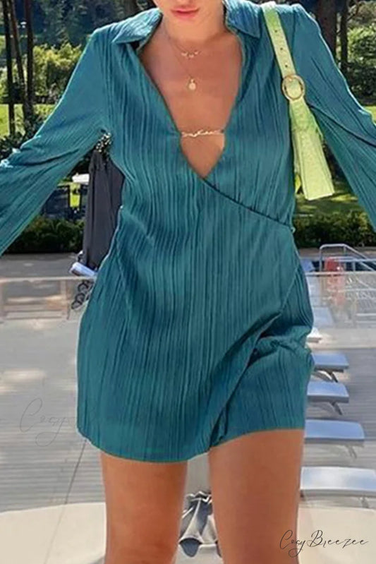 Pleated Lapel Mini Dress with Low Cut Dark Green / M