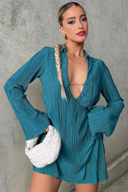 Pleated Lapel Mini Dress with Low Cut Dark Green / S