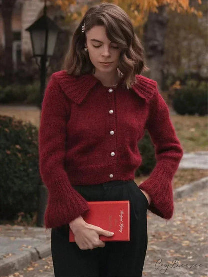 Pleated Lapel Patchwork Y2K Cardigan Burgundy / S cardigans-241228