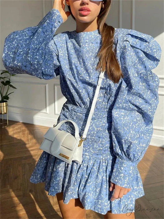Pleated Long Sleeve Mini Dress Blue / S minidress-250223
