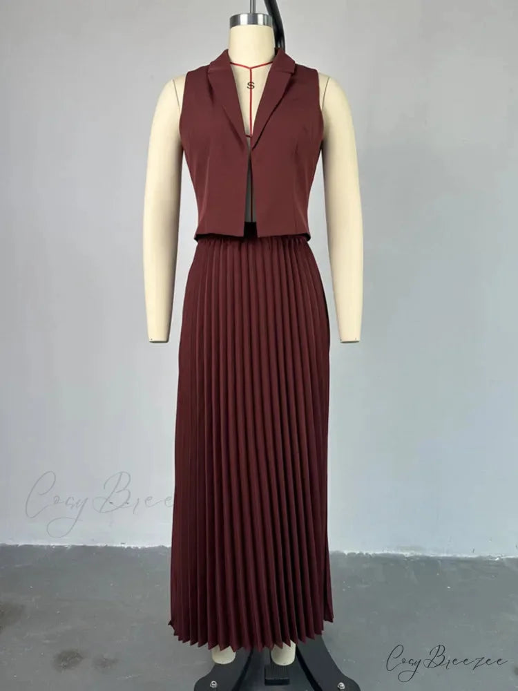 Pleated Midi Skirt Charming And Vest Set Wine / M