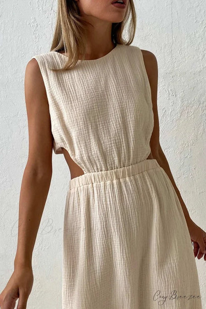 Pleated Tank Dress with Single-breasted Closure and Bare Waist