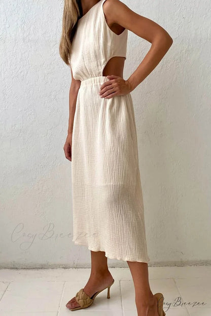Pleated Tank Dress with Single-breasted Closure and Bare Waist Apricot / M