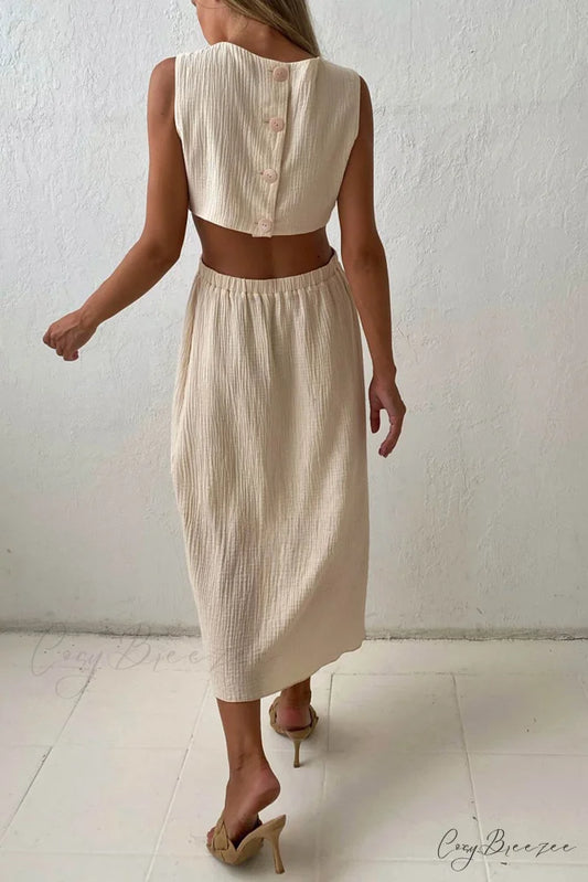 Pleated Tank Dress with Single-breasted Closure and Bare Waist Apricot / S