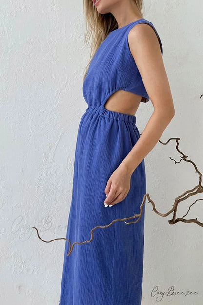 Pleated Tank Dress with Single-breasted Closure and Bare Waist Blue / S