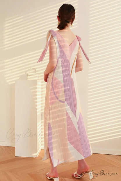 Pleated Tie-Shoulder Print Dress