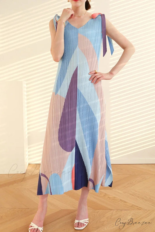 Pleated Tie-Shoulder Print Dress Blue / One Size