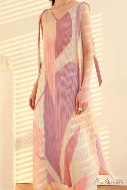 Pleated Tie-Shoulder Print Dress Pink / One Size
