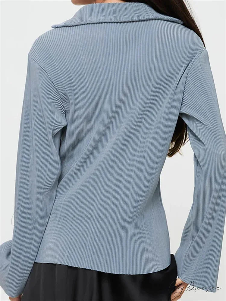 Pleated V-Neck Button-Down Shirt blouse-250223