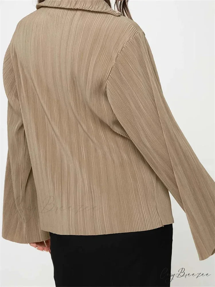 Pleated V-Neck Button-Down Shirt blouse-250223