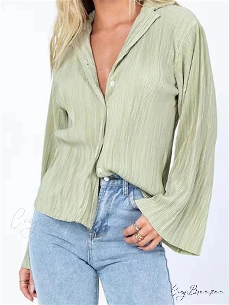 Pleated V-Neck Button-Down Shirt blouse-250223