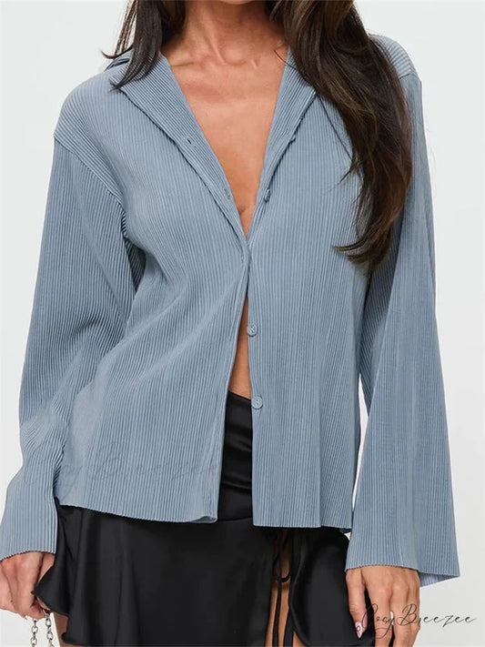 Pleated V-Neck Button-Down Shirt blue / S blouse-250223