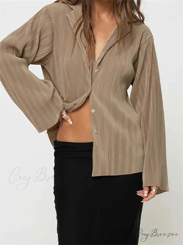 Pleated V-Neck Button-Down Shirt brown / S blouse-250223