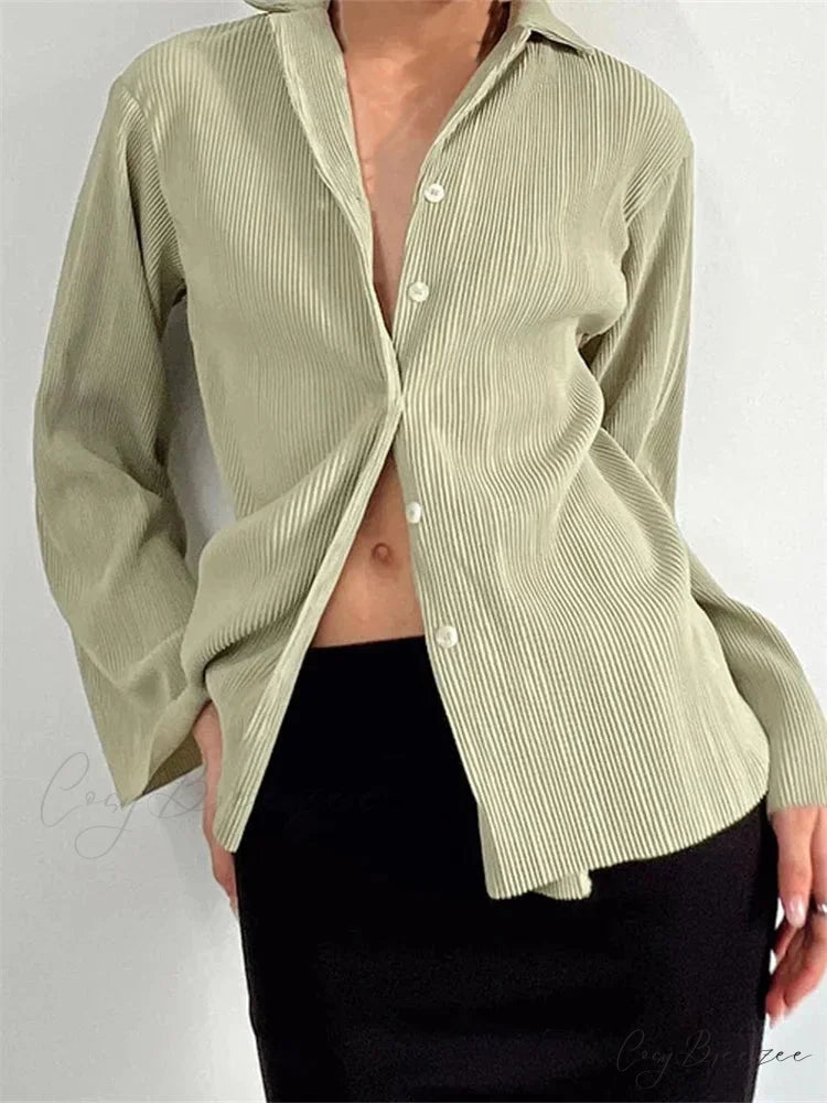 Pleated V-Neck Button-Down Shirt green / S blouse-250223