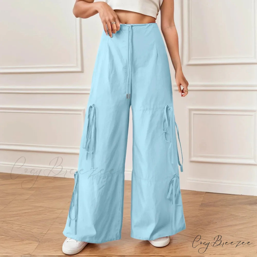 Pleated Wide Leg Sports Bow Tie Pants Blue / S pants-241228