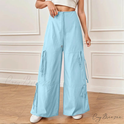 Pleated Wide Leg Sports Bow Tie Pants Blue / S pants-241228