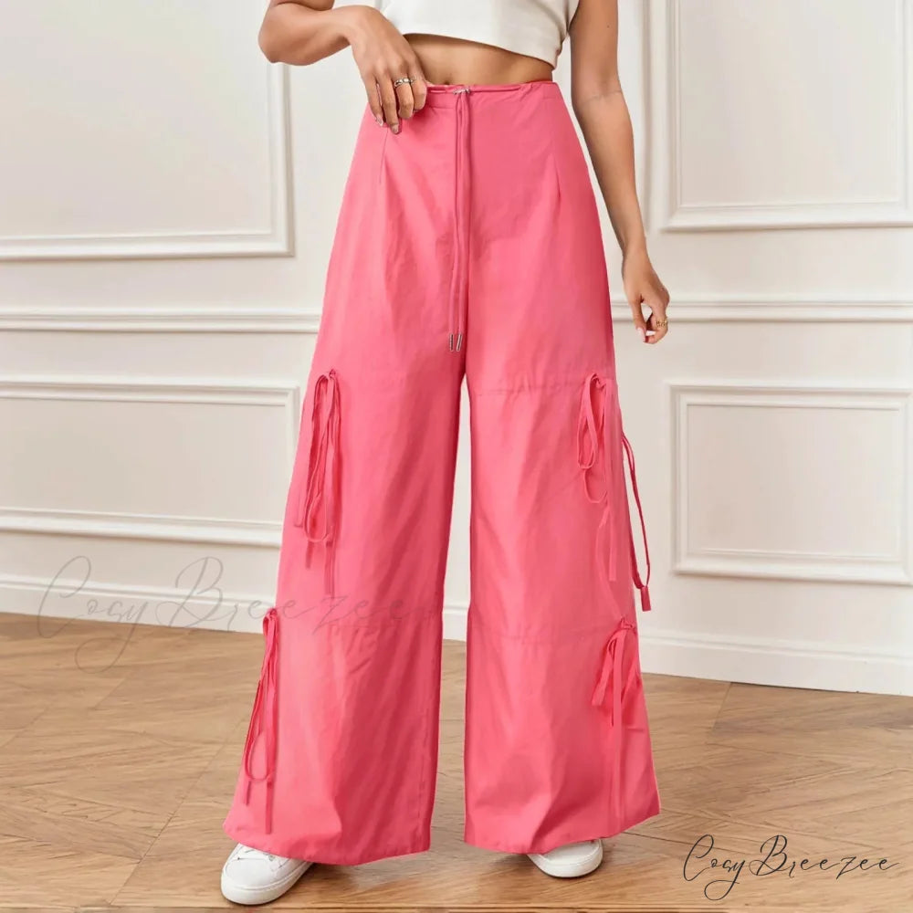 Pleated Wide Leg Sports Bow Tie Pants Hot Pink / S pants-241228