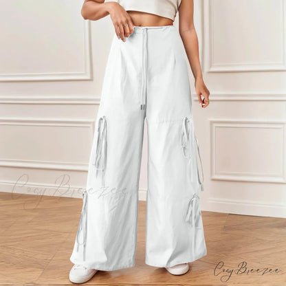 Pleated Wide Leg Sports Bow Tie Pants White / S pants-241228