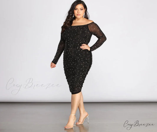 Plus Cami Formal Charming Heat Stone Midi Dress BLACK / 1X
