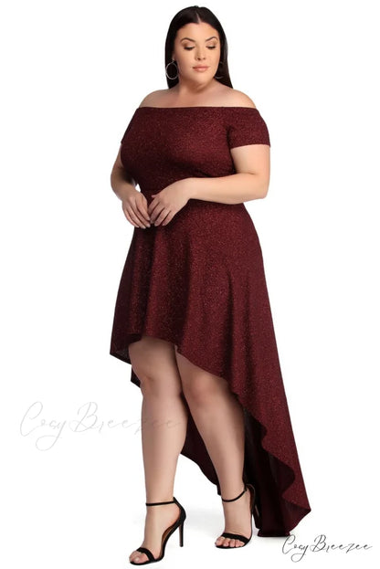 Plus Penelope Glitter Charming Formal High Low Dress BURGUNDY / 1X