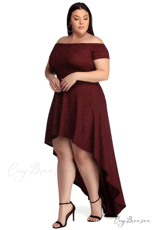Plus Penelope Glitter Charming Formal High Low Dress BURGUNDY / 1X