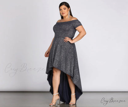 Plus Penelope Glitter Charming Formal High Low Dress NAVY / 1X