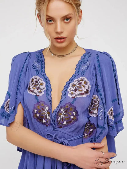 Plus Size Button Up Chiffon Holiday Boho Dress Blue / S bohodress-250126