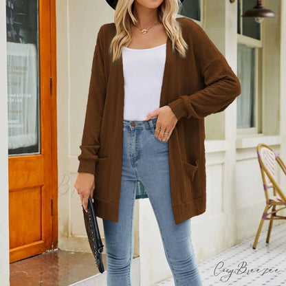 Plus Size Open Front Chunky Knit Cardigan Brown / S