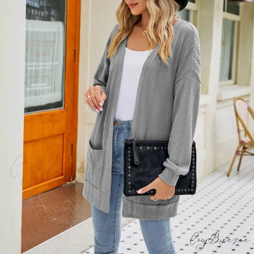 Plus Size Open Front Chunky Knit Cardigan Grey / S