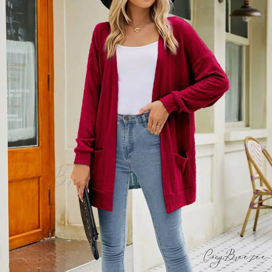 Plus Size Open Front Chunky Knit Cardigan Red / S