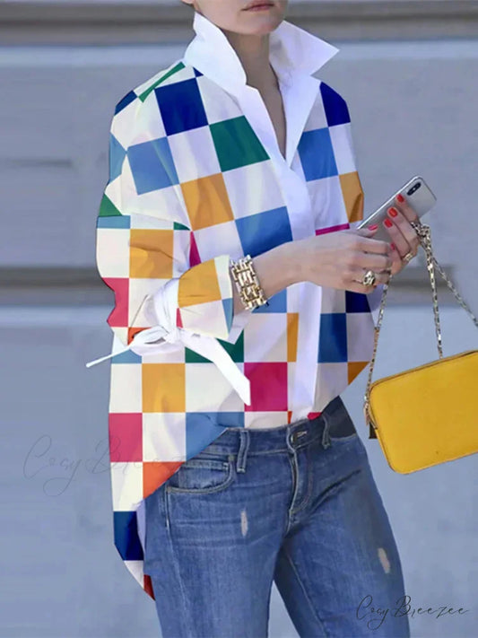Plus-size Patchwork Plaid Collar Relaxed Blouse blouse-250126
