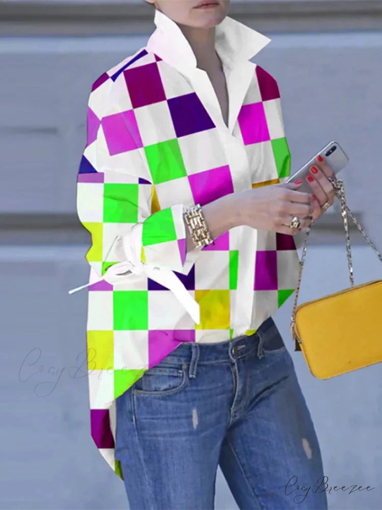 Plus-size Patchwork Plaid Collar Relaxed Blouse blouse-250126