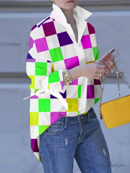 Plus-size Patchwork Plaid Collar Relaxed Blouse blouse-250126
