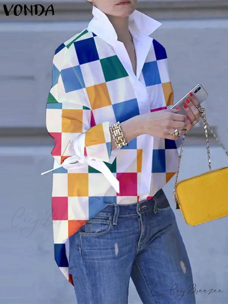 Plus-size Patchwork Plaid Collar Relaxed Blouse Colorful / 0XL blouse-250126