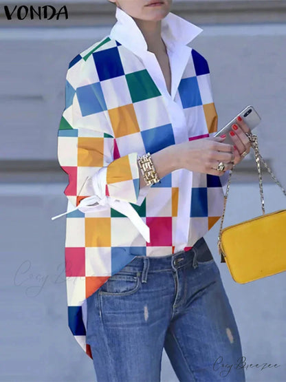 Plus-size Patchwork Plaid Collar Relaxed Blouse Colorful / 0XL blouse-250126