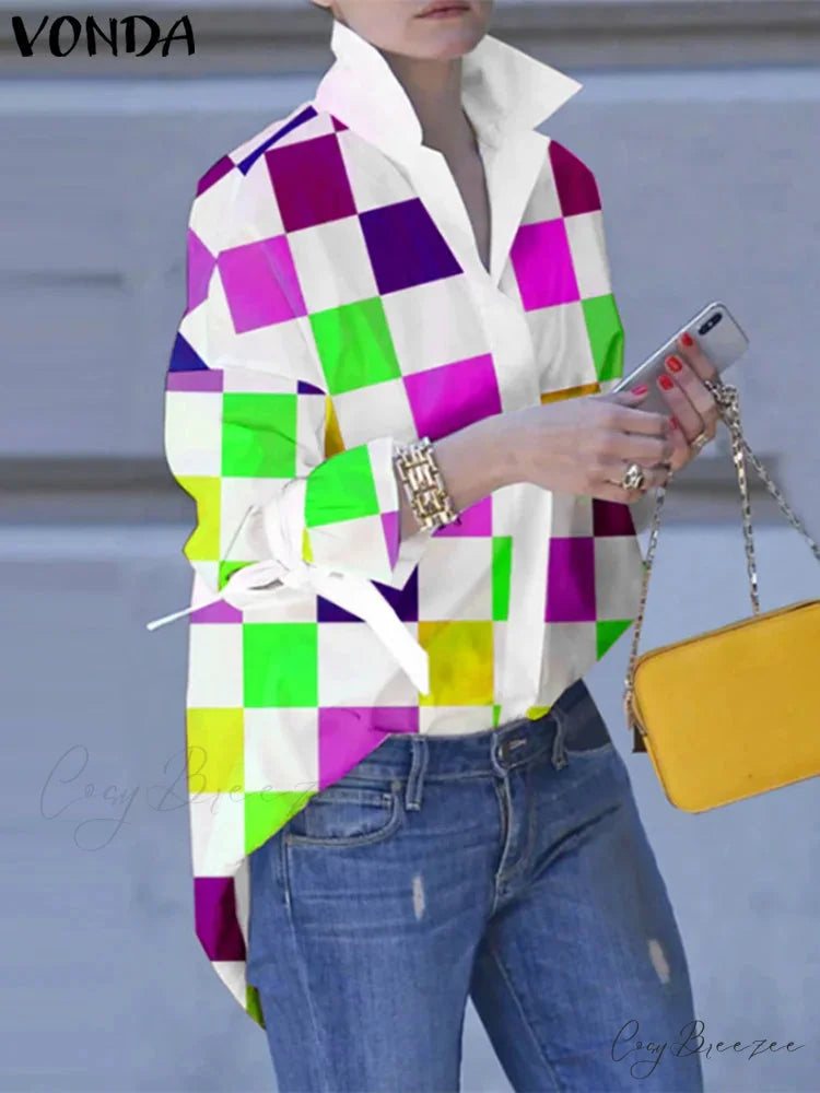 Plus-size Patchwork Plaid Collar Relaxed Blouse Green / 0XL blouse-250126