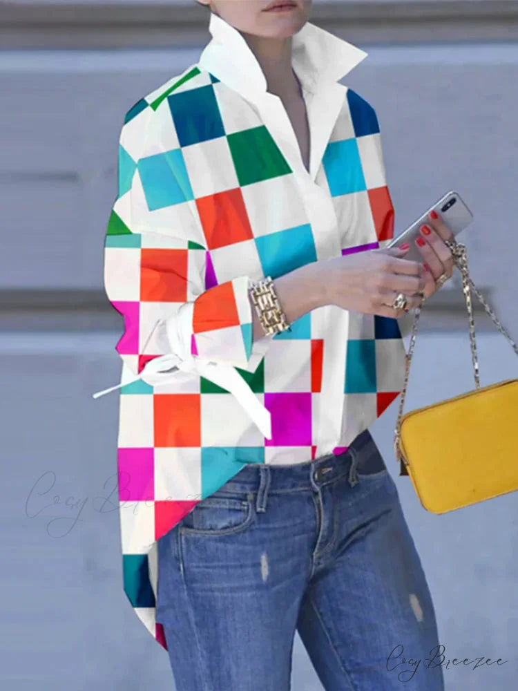 Plus-size Patchwork Plaid Collar Relaxed Blouse Orange / 0XL blouse-250126