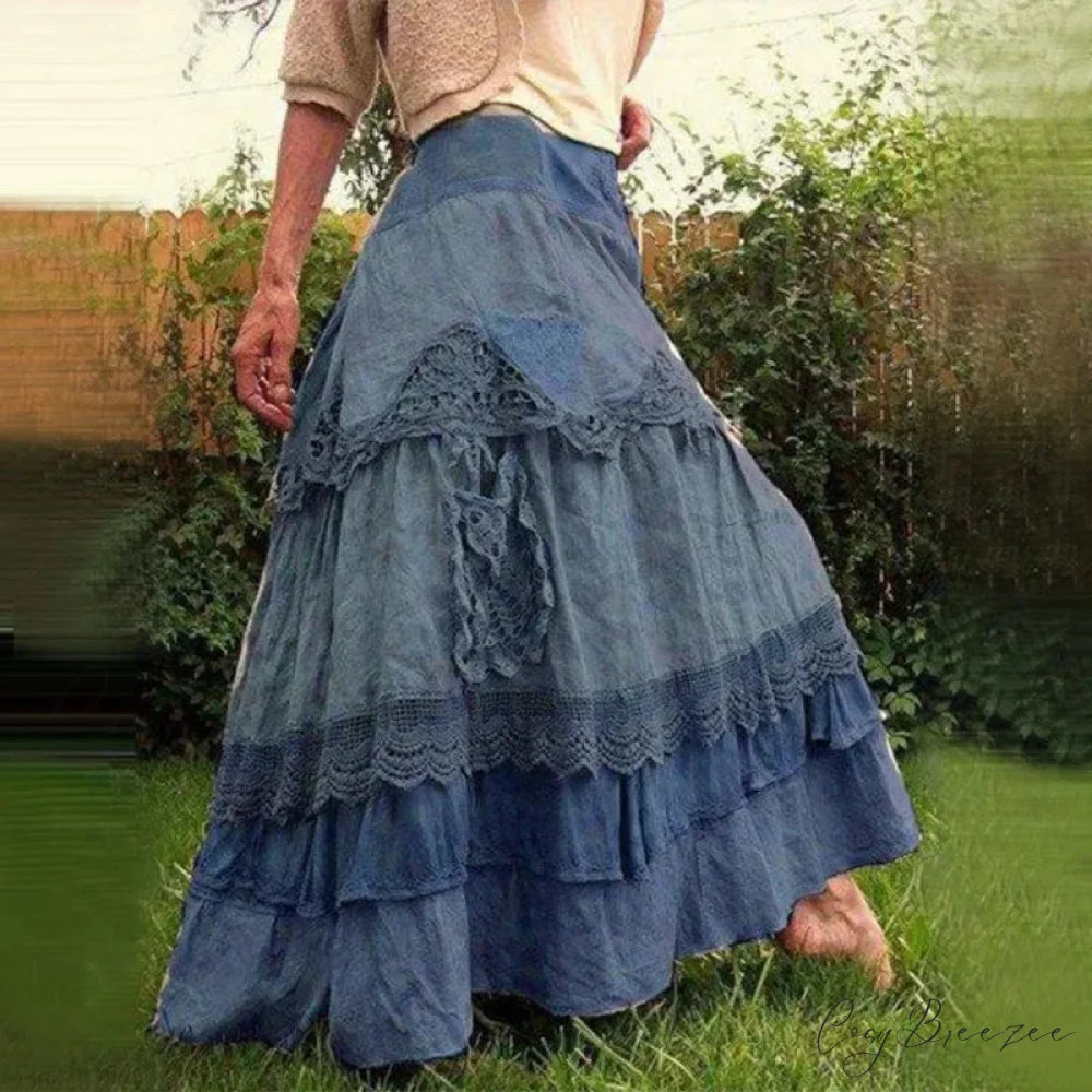 Plus Size Women’s Summer Retro Ruffles Oversized Lace Maxi Skirts Blue / S skirt-250126